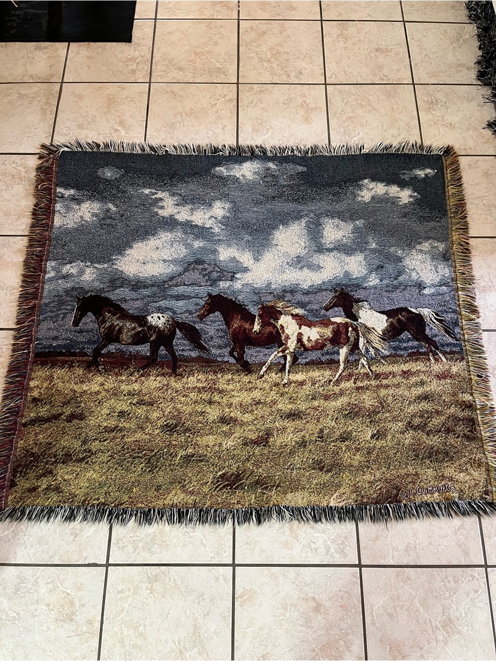 Vintage C. Cummings Running Horses Tapestry Throw Blanket 51x45 Fringed